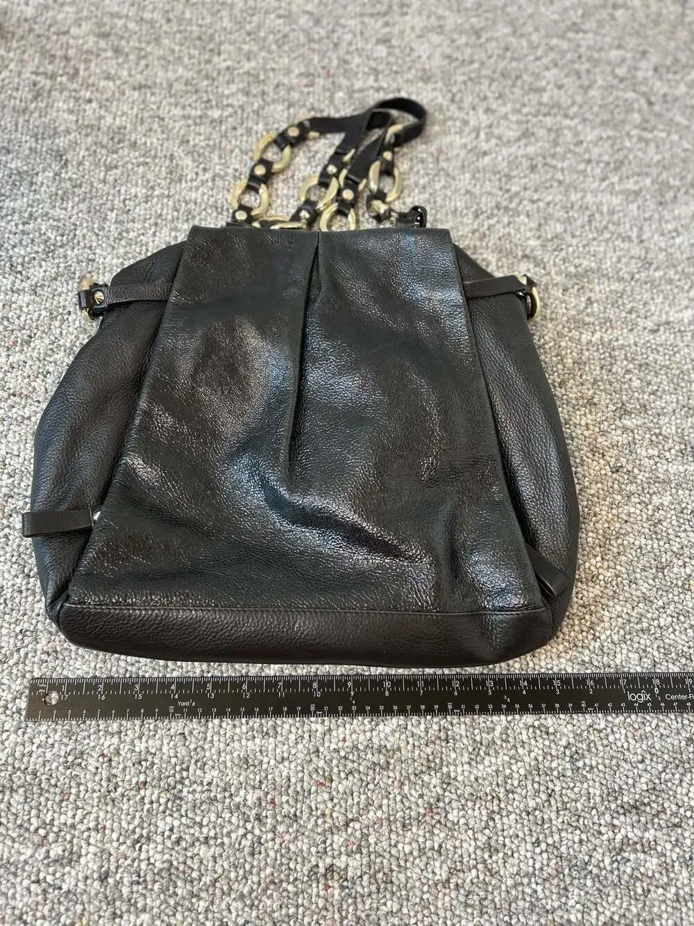 Vince Camuto Black Pebbled Leather Hobo Shoulder Bag with Gold-Tone Chain Link D